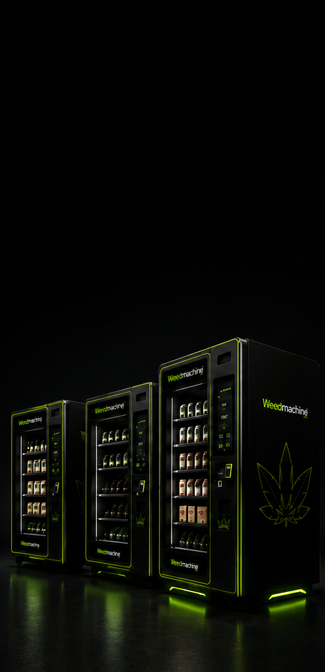 Multiple WeedMachine vending units in a dark showroom