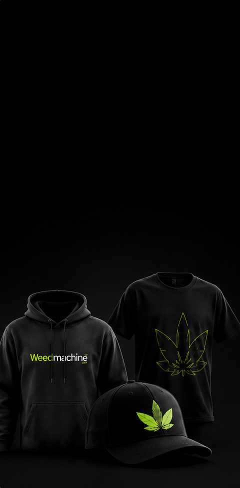 Black WeedMachine hoodie, t-shirt, and hat merchandise