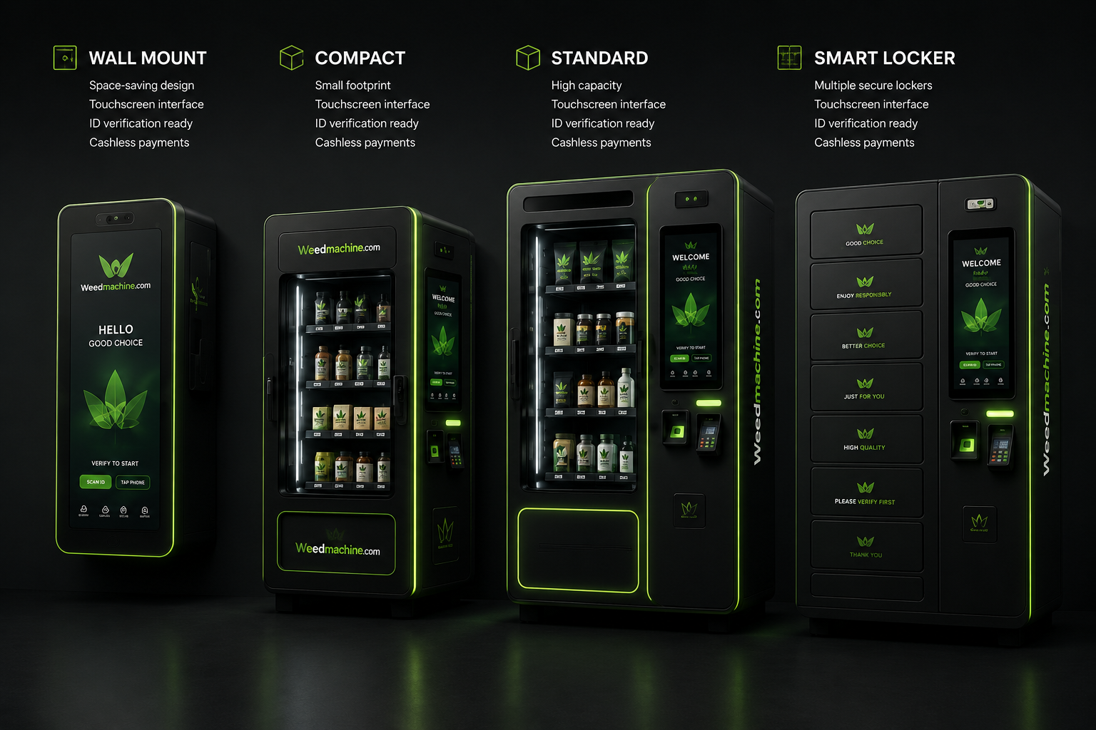 WeedMachine hardware versions: wall mount, compact, standard, and smart locker